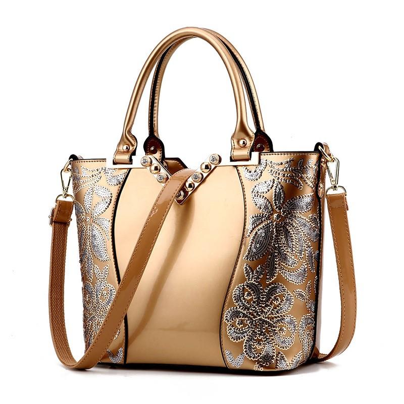 Sequin Embroidered Patent Leather Shoulder Bag