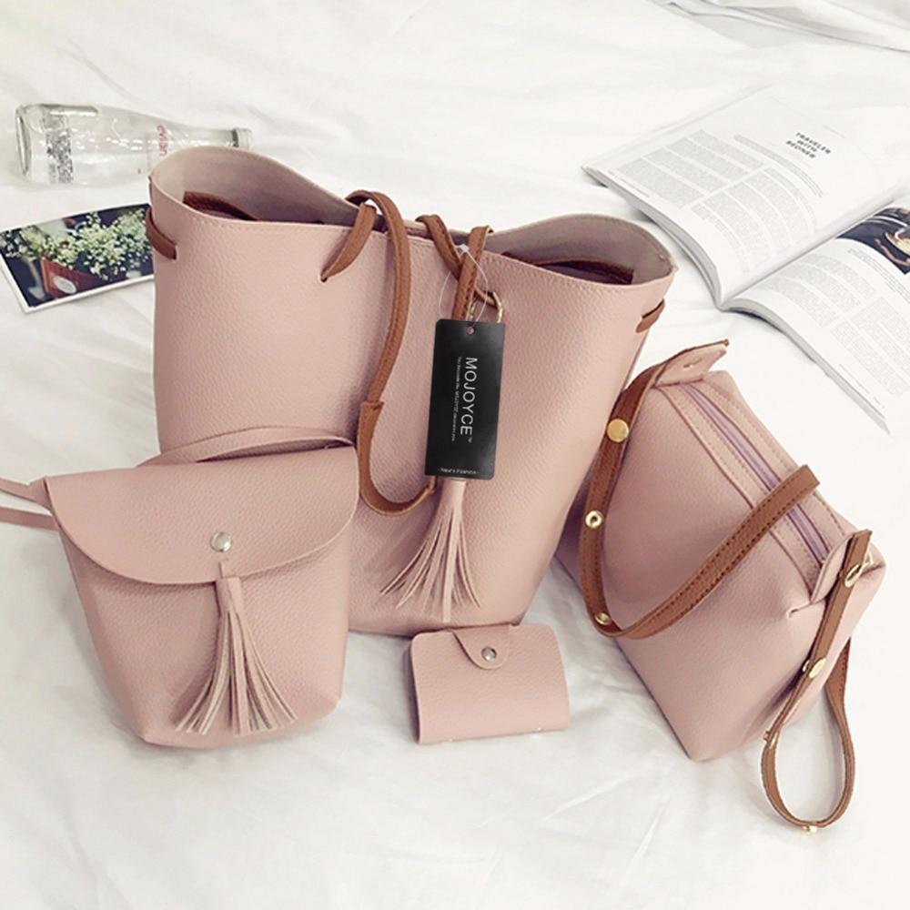 4pcs/Set Tassel Leather Clutch Shoulder Bag Women