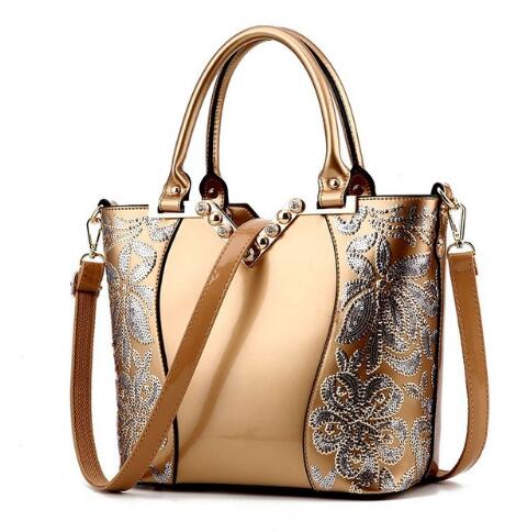Sequin Embroidered Patent Leather Shoulder Bag