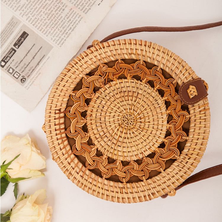 Rattan Round Straw Shoulder Bag Women Summer Hollow Handmade