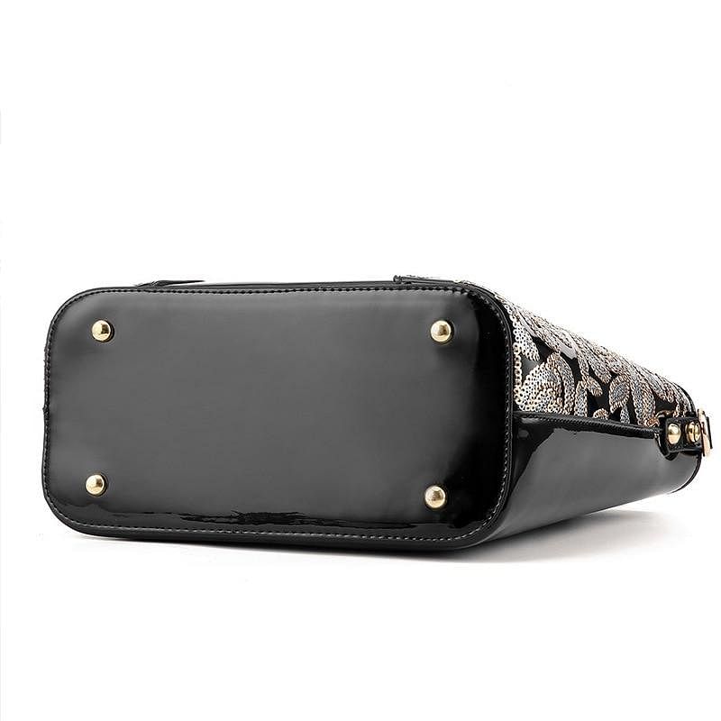 Sequin Embroidered Patent Leather Shoulder Bag