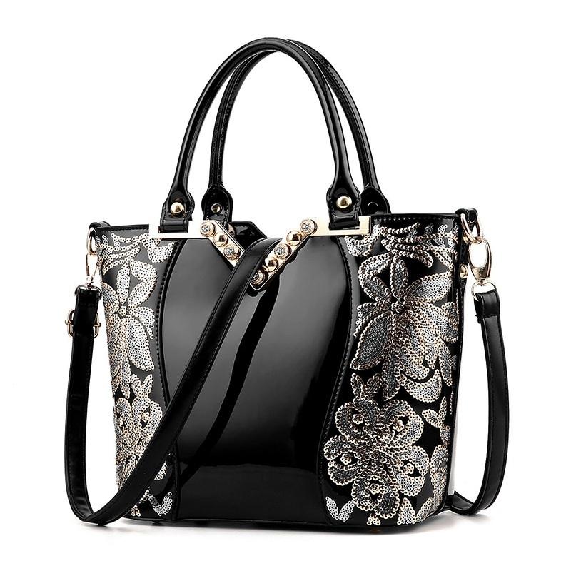 Sequin Embroidered Patent Leather Shoulder Bag