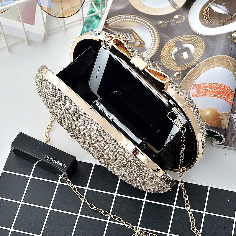 Golden Evening Clutch Bag Women Bags Wedding Shiny Handbags Bridal Metal Bow Clutches Bag Chain Shoulder Bag
