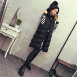 Women Black Hooded Long Parkas Vest Fashion Warm Black Hooded Down Coat Parka Sleeveless Waistcoats