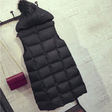 Women Black Hooded Long Parkas Vest Fashion Warm Black Hooded Down Coat Parka Sleeveless Waistcoats