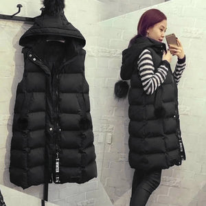 Women Black Hooded Long Parkas Vest Fashion Warm Black Hooded Down Coat Parka Sleeveless Waistcoats