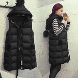 Women Black Hooded Long Parkas Vest Fashion Warm Black Hooded Down Coat Parka Sleeveless Waistcoats