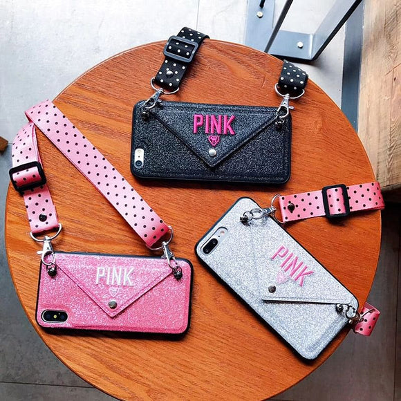 PINK Glitter Embroidery Leather Point Lanyard Case For iphone