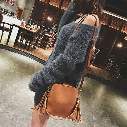 Fashion Scrub Women Bucket Bag Vintage Tassel Messenger Bag High Quality Retro Shoulder Bag Simple Crossbody Bag Tote