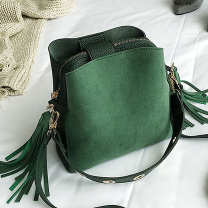 Fashion Scrub Women Bucket Bag Vintage Tassel Messenger Bag High Quality Retro Shoulder Bag Simple Crossbody Bag Tote