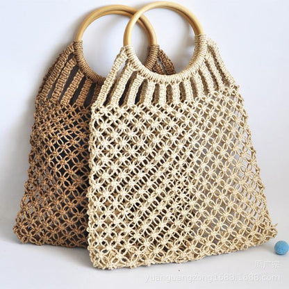 Hand-Knitted, Round Wooden Ring Rattan Handle Cotton Rope Net Woman Bag