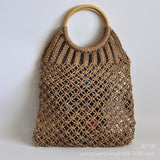 Hand-Knitted, Round Wooden Ring Rattan Handle Cotton Rope Net Woman Bag