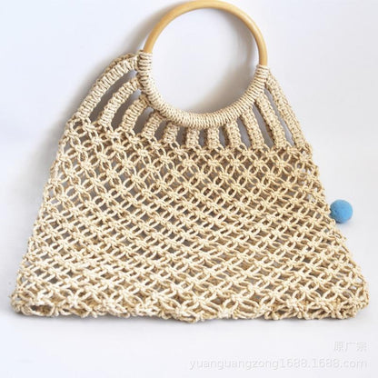 Hand-Knitted, Round Wooden Ring Rattan Handle Cotton Rope Net Woman Bag