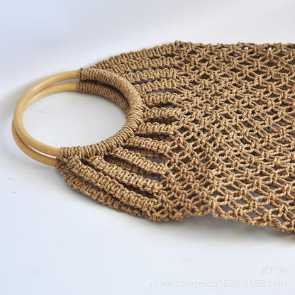 Hand-Knitted, Round Wooden Ring Rattan Handle Cotton Rope Net Woman Bag