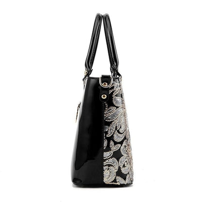 Sequin Embroidered Patent Leather Shoulder Bag