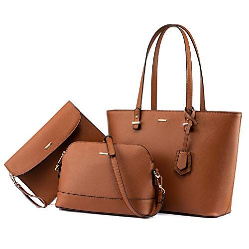 Handbags for Women Tote Bag Fashion Satchel Purse Set Hobo Shoulder Bags Designer Purses 3PCS PU Top Handle Structured Gift Fashion Brown: Shoes