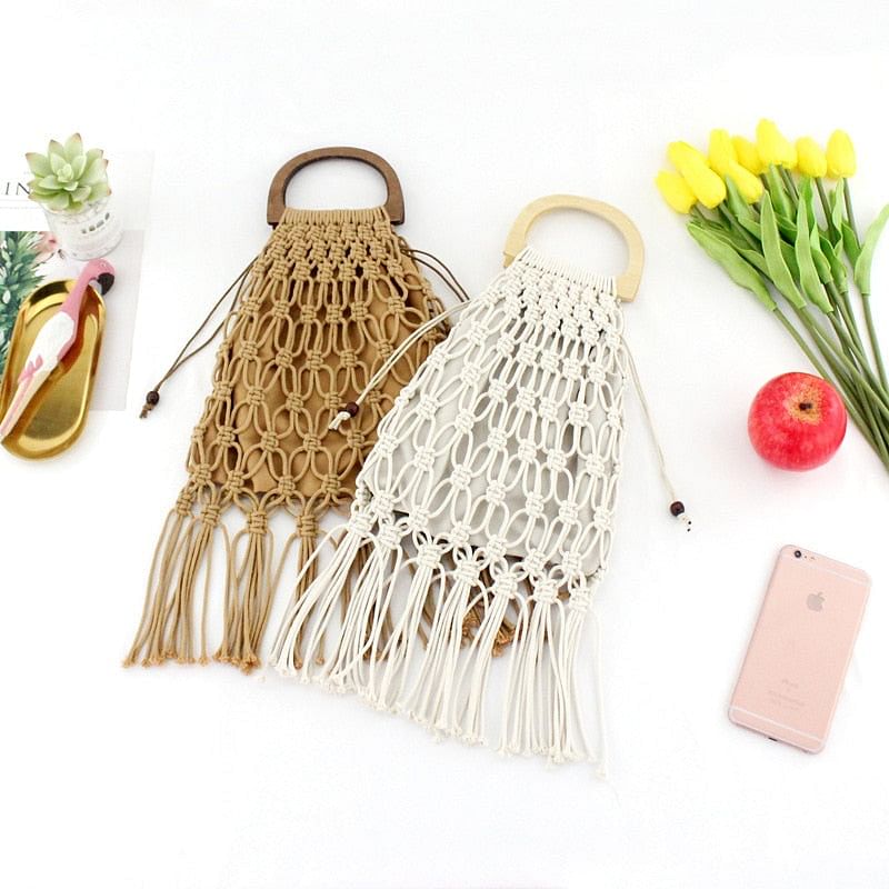 Handmade cotton woven wood handle handbags