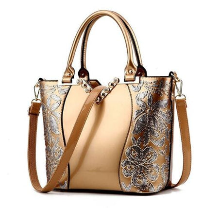 Sequin Embroidered Patent Leather Shoulder Bag