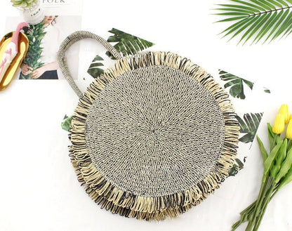 Tassel High quality Straw bag Women beach woven Round Tote