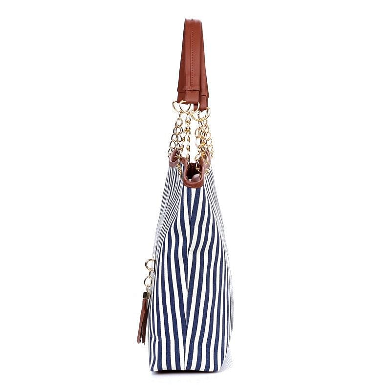 ABDB Striped Canvas Handbag Women Shoulder Bags Beach Bag Fashion Zipper Tassel Women Handbag Big