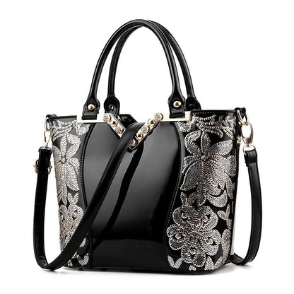 Sequin Embroidered Patent Leather Shoulder Bag