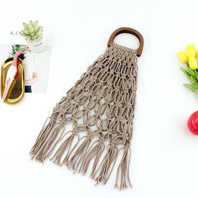 Handmade cotton woven wood handle handbags