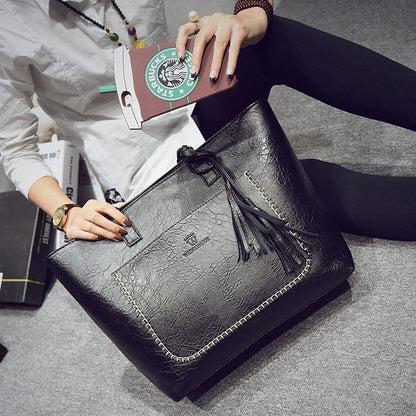 Women Leather, Shoulder, Messenger Bags With Tassel Large Capacity