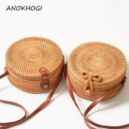 Vintage Handmade Women Rattan Bag Straw Woven Shoulder Bags Bow Holiday Beach Bohemia Crossbody Bag